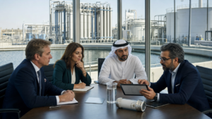 Investment committee reviewing water-treatment technology beside reuse facility