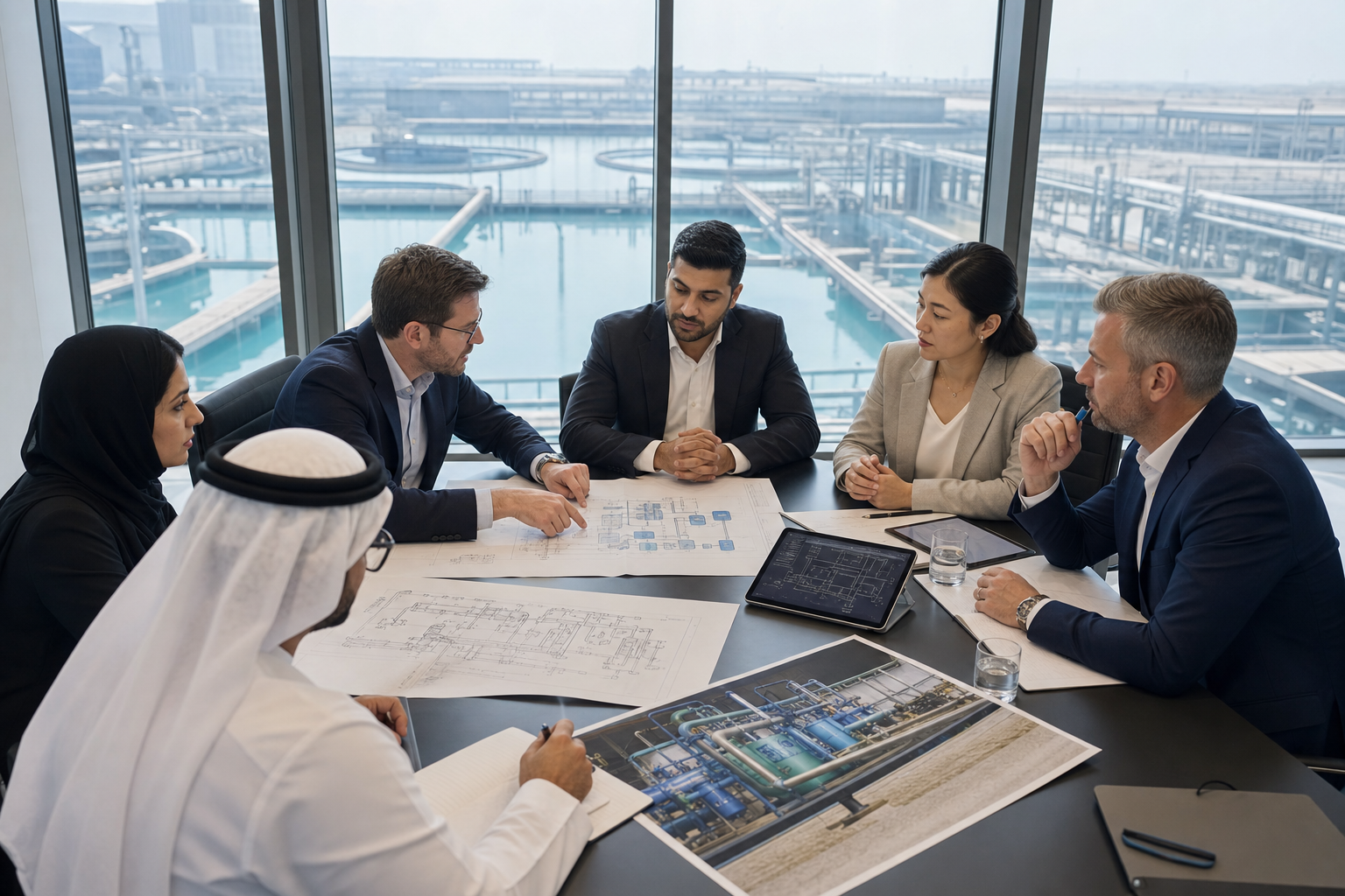 Investors and advisers review water-treatment plans around a boardroom table