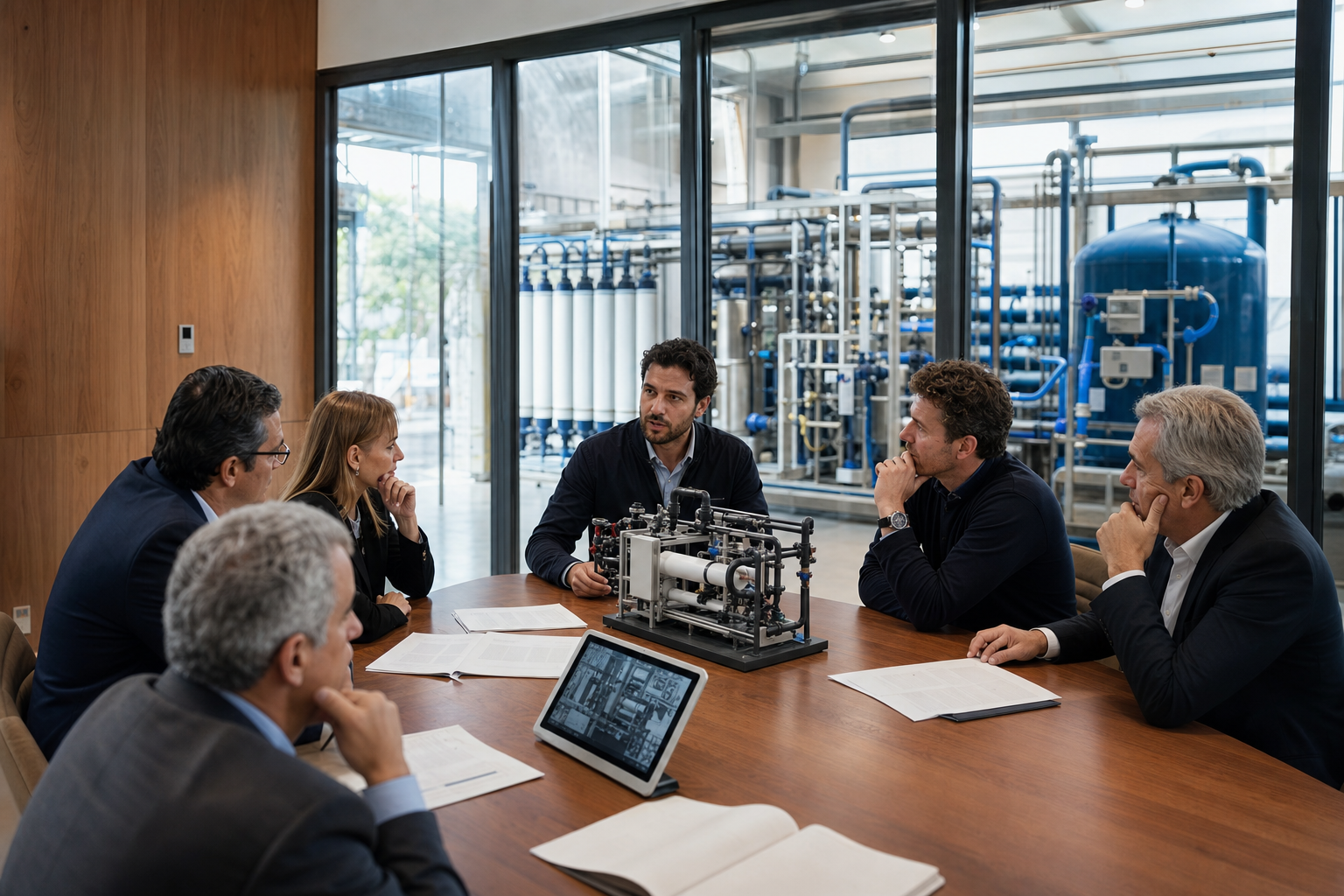 Investors discuss a treatment skid model with water-technology executives