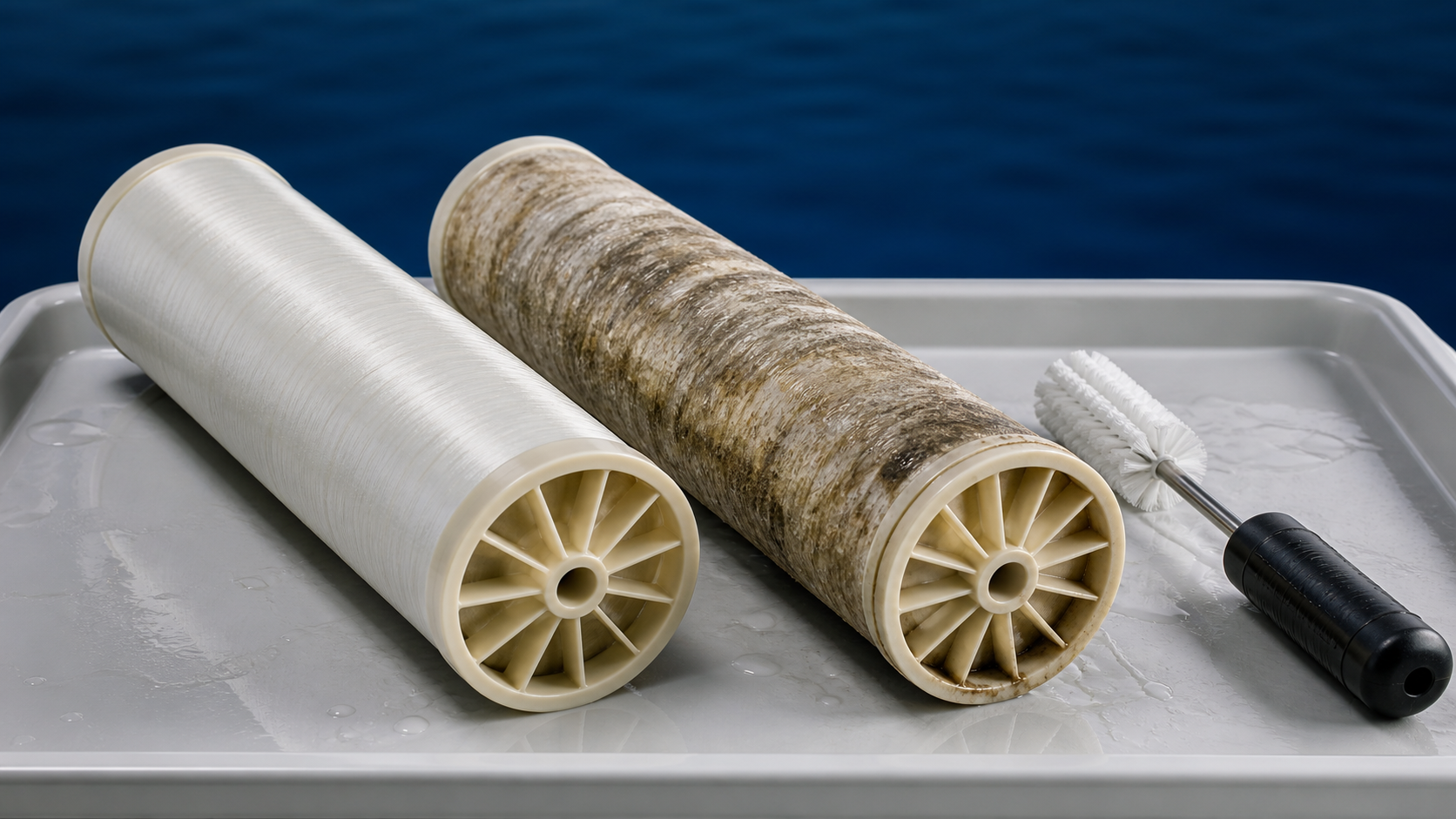 Clean and fouled membrane samples on an inspection tray