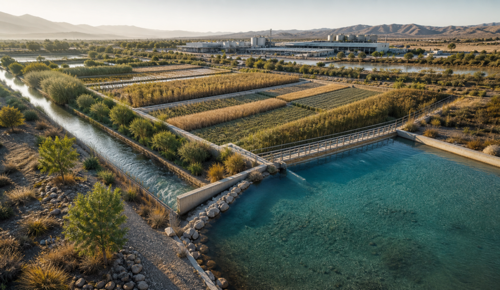 Constructed wetland treating industrial water beside a factory