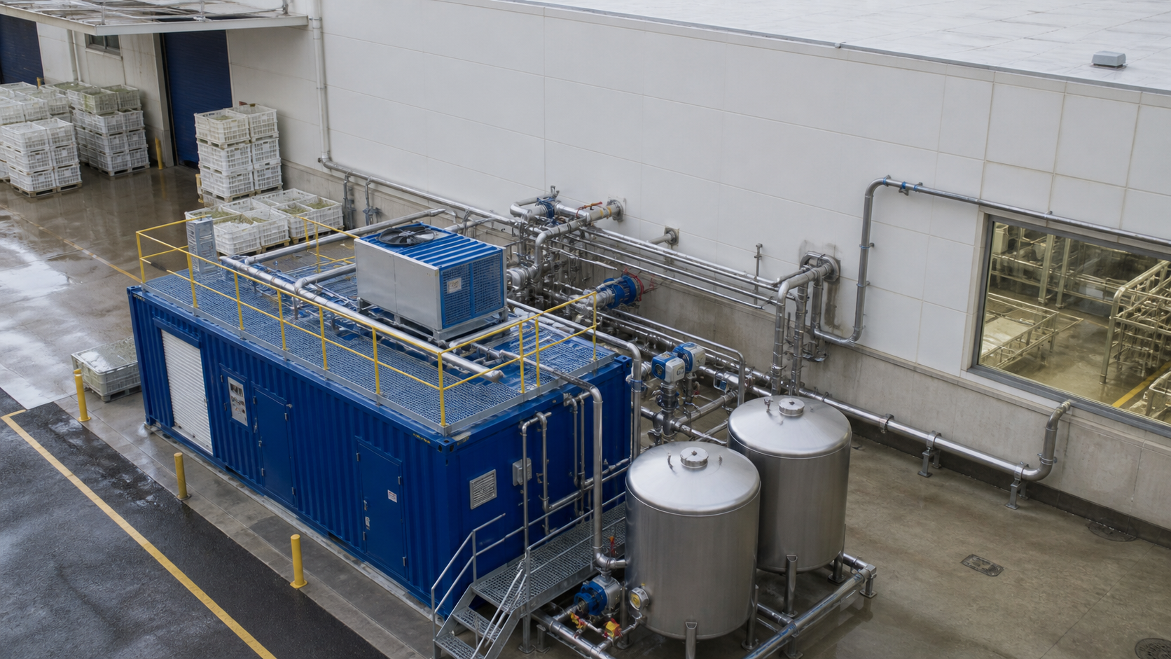Containerised water service unit connected to a food factory