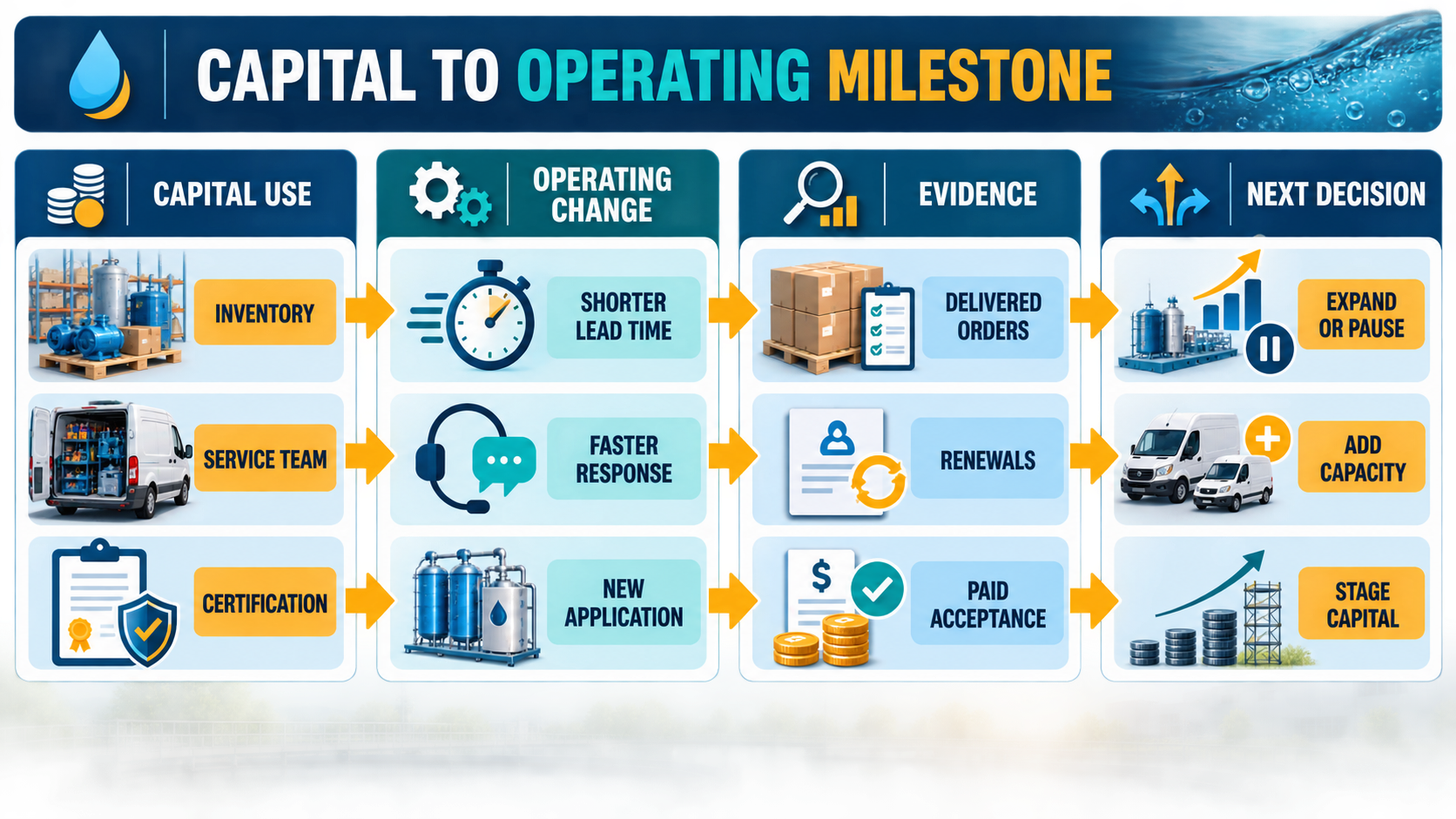 Diagram showing water company scale-up milestones