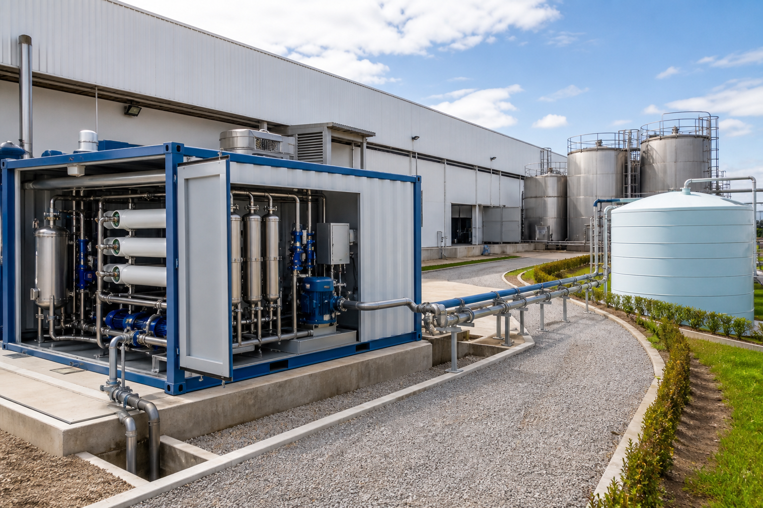Containerised wastewater-reuse unit connected to a manufacturing site