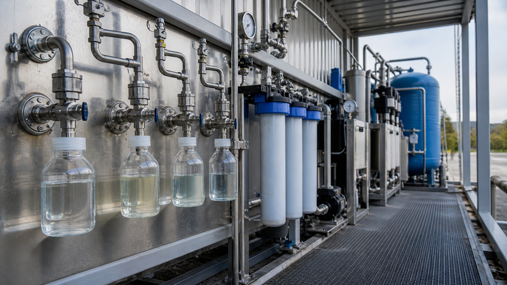 Water-quality sampling ports and filtration equipment in a treatment bay