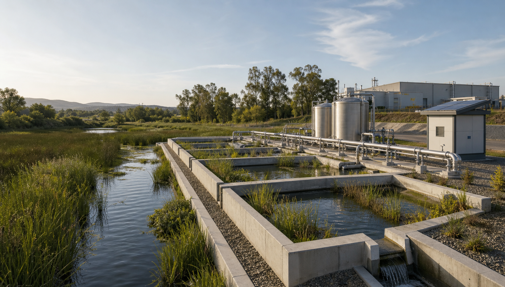 Constructed wetland and water-reuse treatment infrastructure beside an industrial site