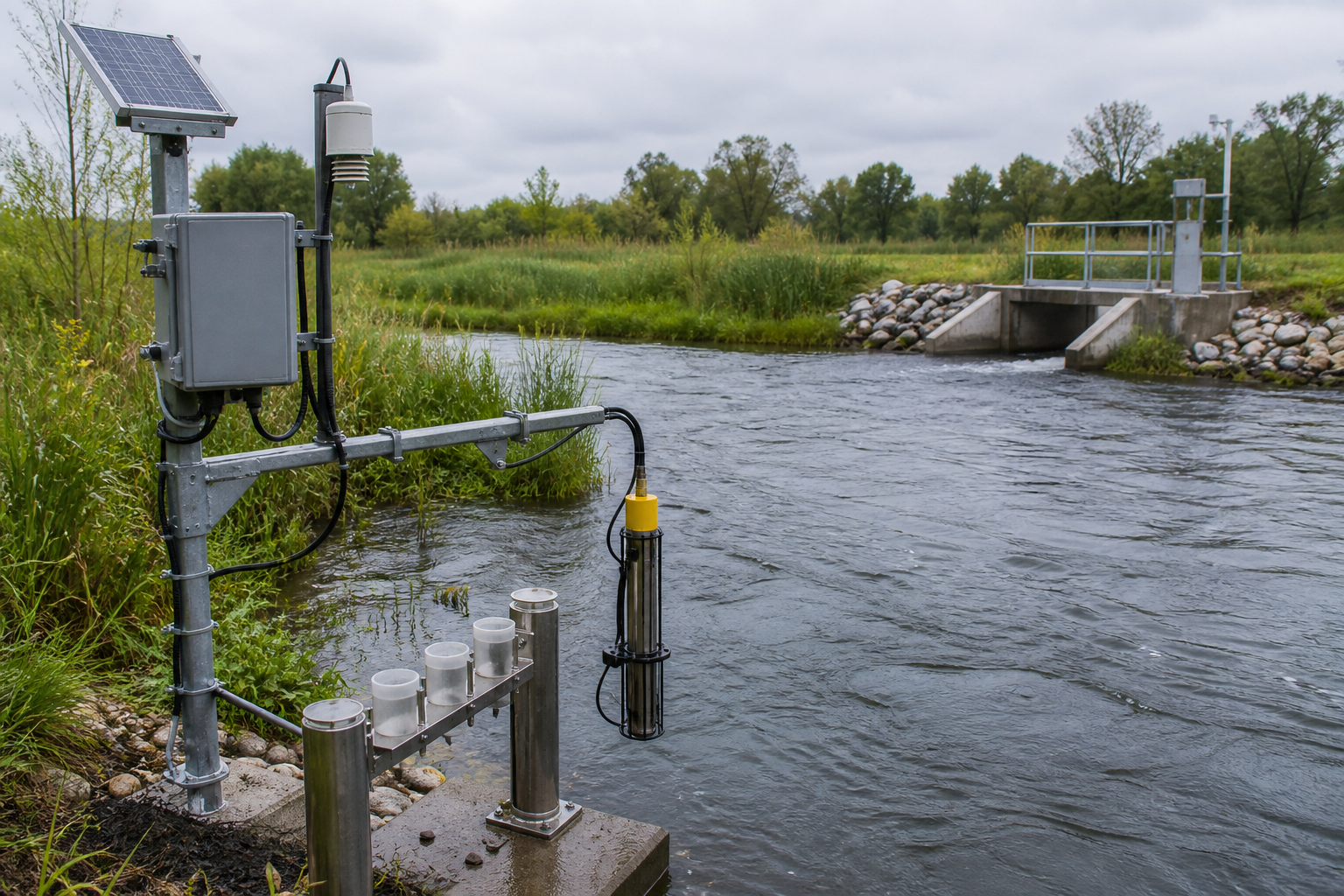 River monitoring station with in-stream water-quality sensors