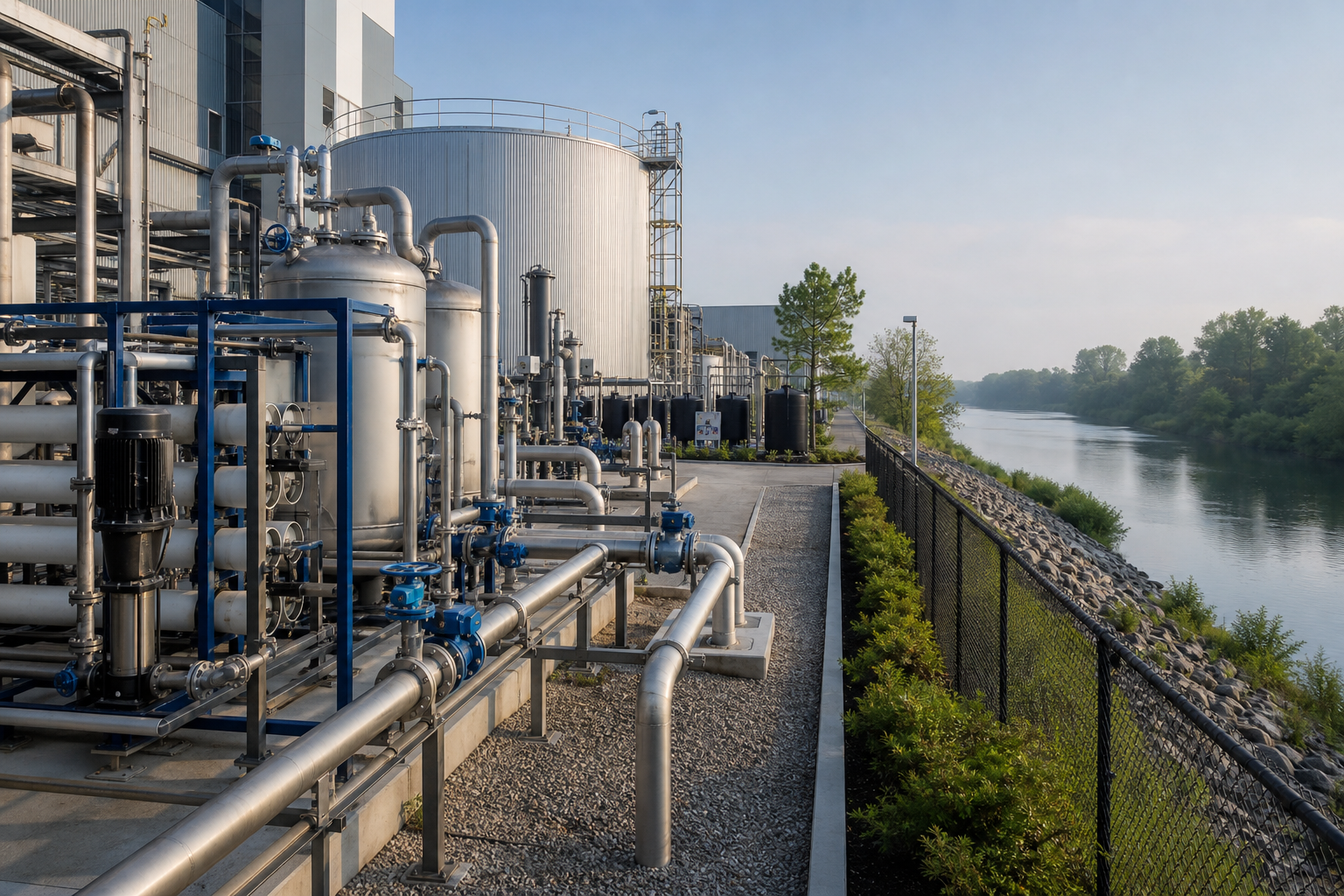Industrial water-reuse equipment beside a river and customer facility