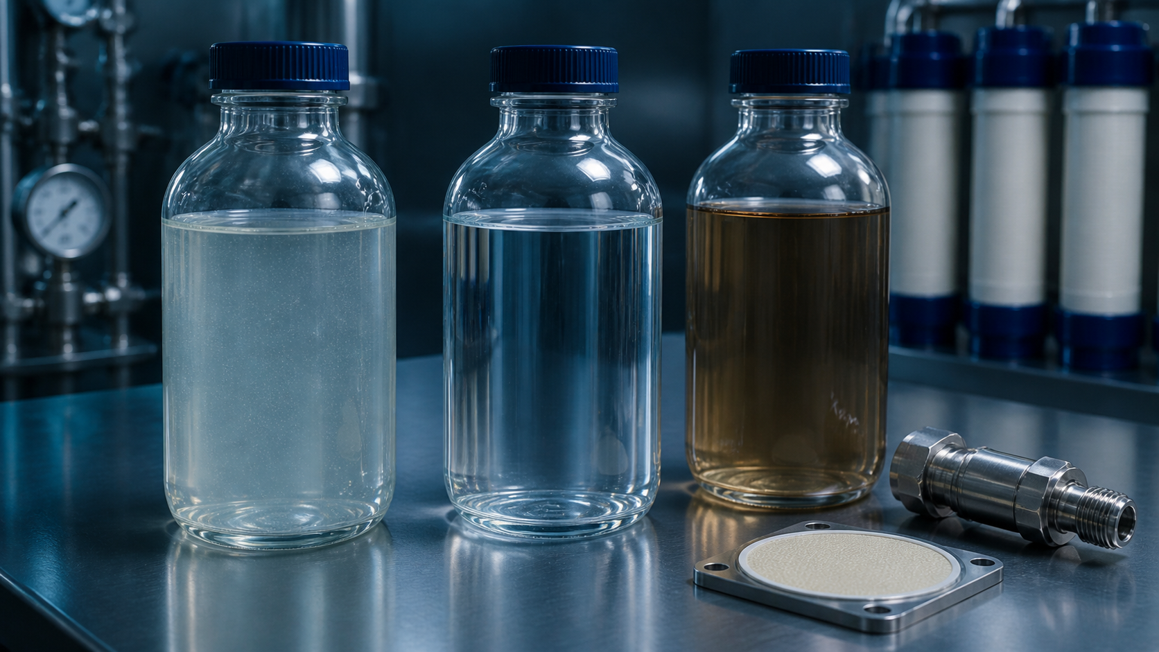 Feed, treated water and concentrate samples beside a membrane