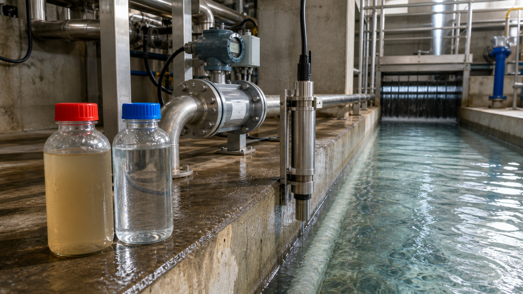 Flow meter and sampling vessels beside a treated water outlet
