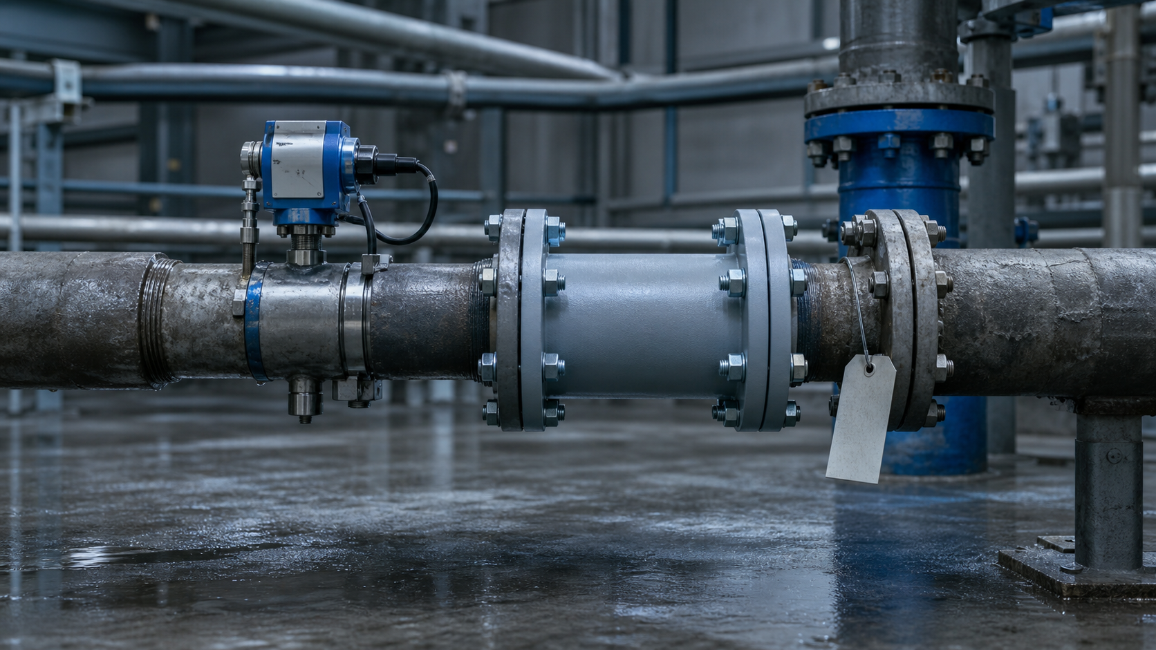 Flow sensor beside a repaired industrial pipe coupling
