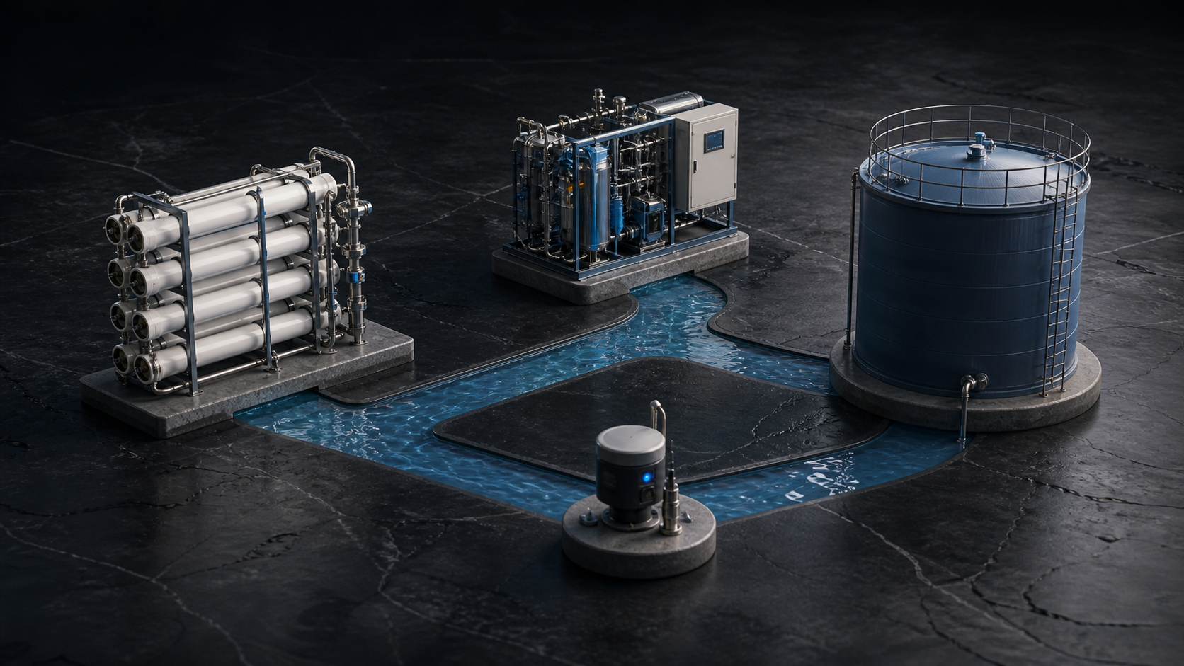 Four water technology assets connected by a single flow channel