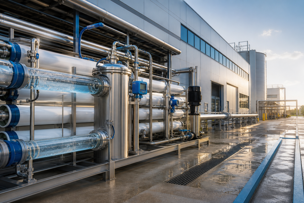 Industrial membrane water-reuse system beside a manufacturing facility