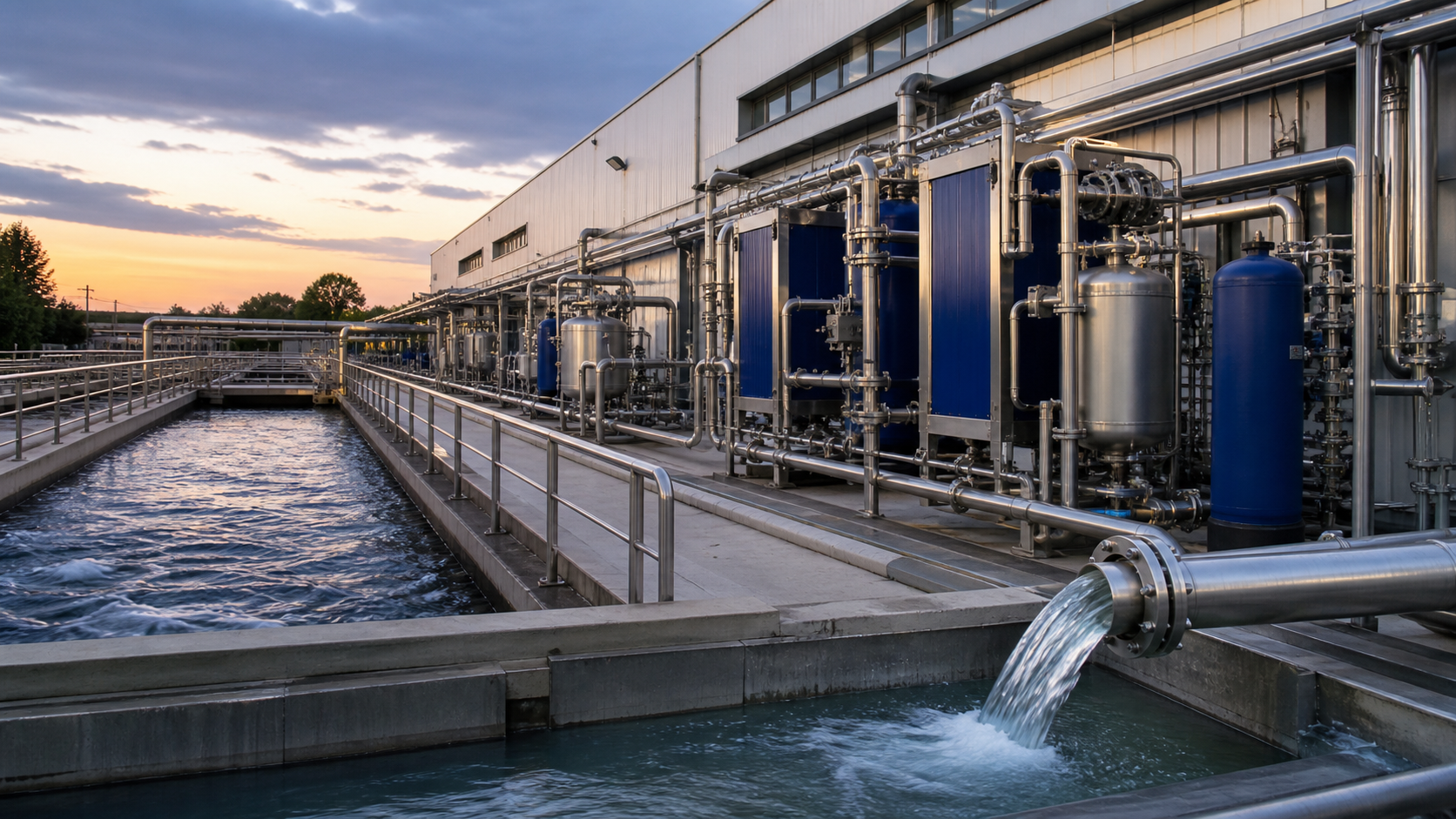 Industrial wastewater treatment modules beside a manufacturing facility