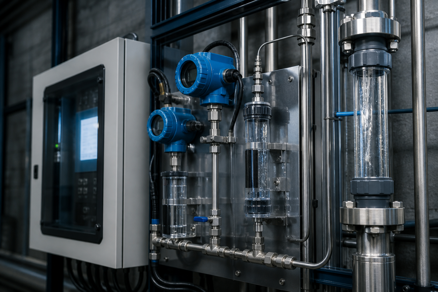 Industrial water-quality monitoring installation with sensors and sample lines