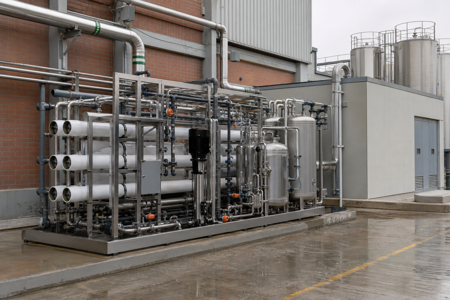 Industrial water-reuse equipment beside a manufacturing facility