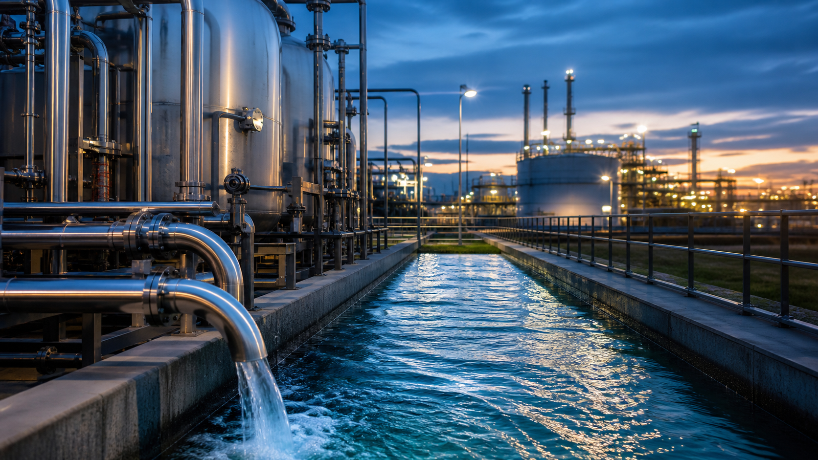 Industrial water reuse equipment returning treated water to a factory