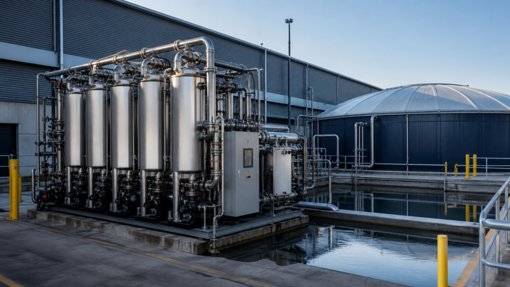Industrial water reuse facility with stainless steel treatment vessels