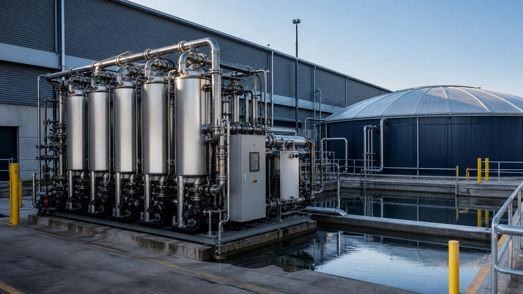 Industrial water reuse facility with stainless steel treatment vessels