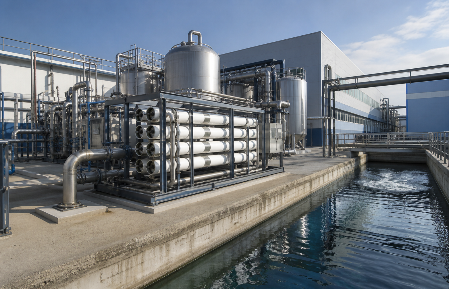 Industrial water-reuse installation beside a manufacturing facility