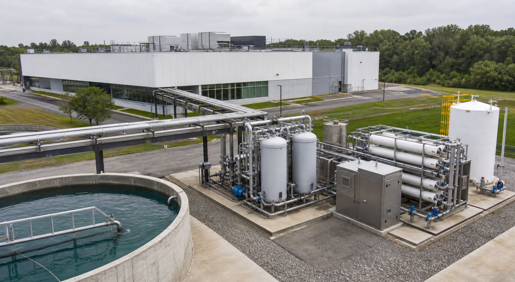Industrial water reuse plant connected to a manufacturing facility