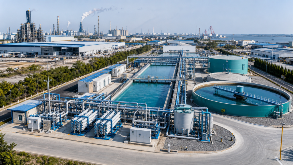 Industrial water treatment and reuse assets connected across a site