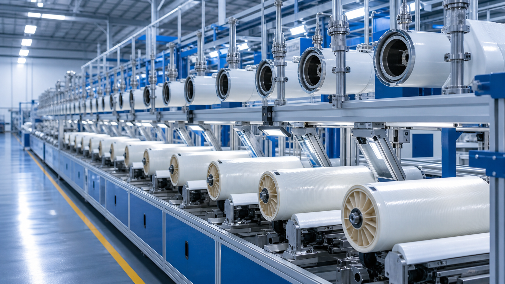 Membrane modules arranged along a repeatable assembly line