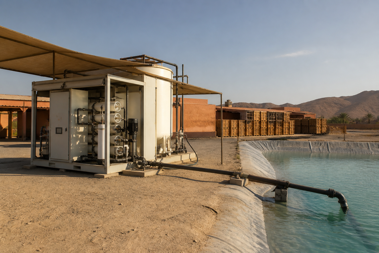 Modular water treatment system at an arid food processing site