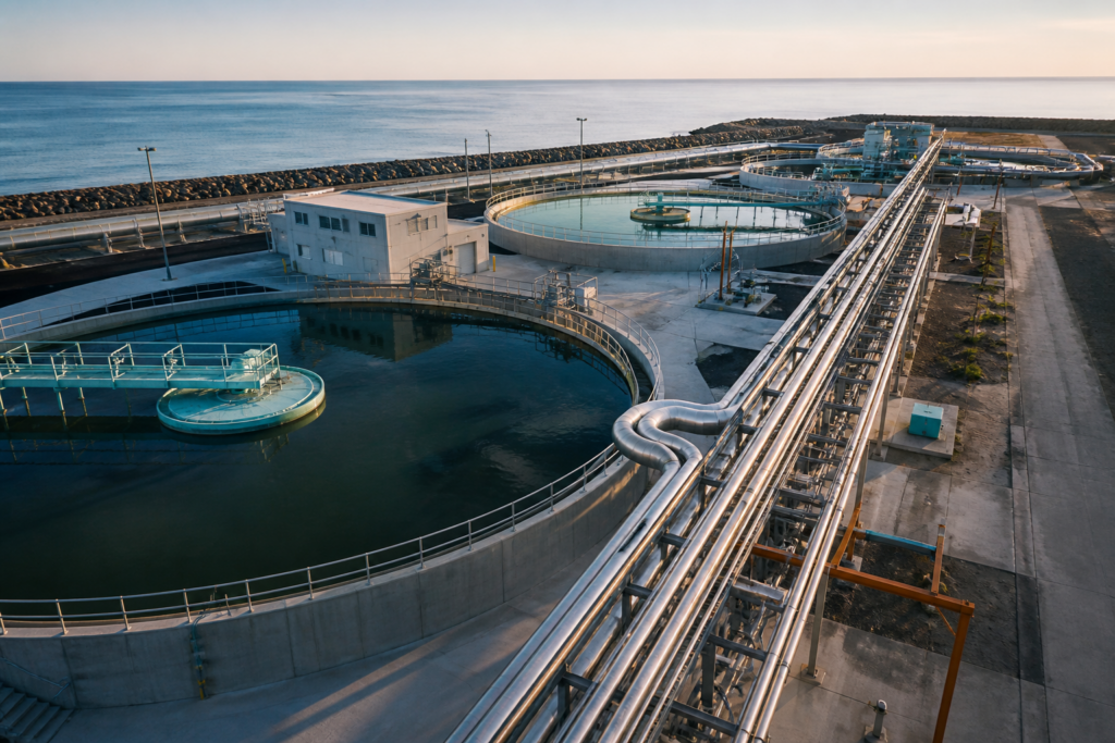 Coastal water treatment facility with circular basins and pipe infrastructure