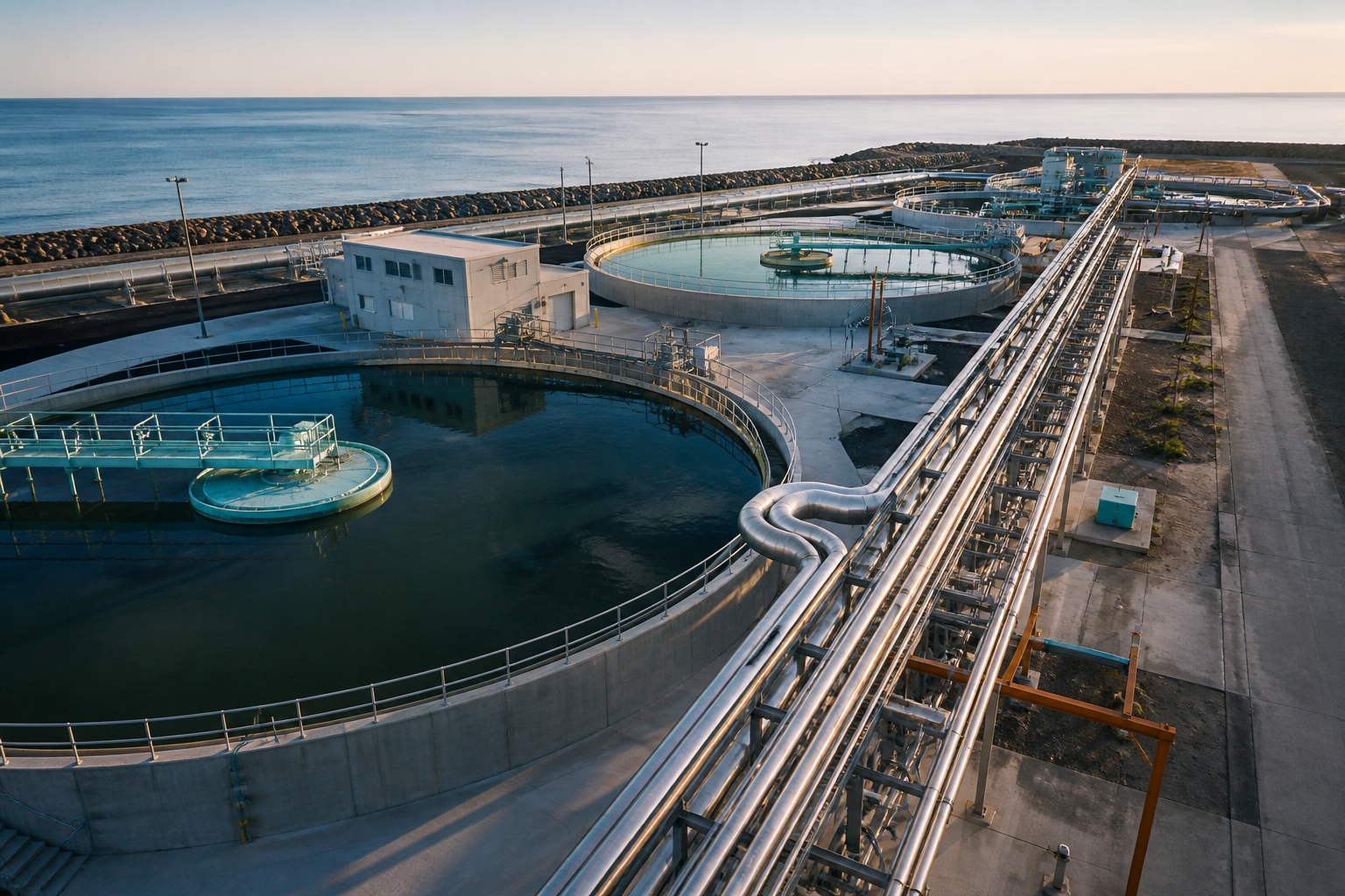 Coastal water treatment facility with circular basins and pipe infrastructure