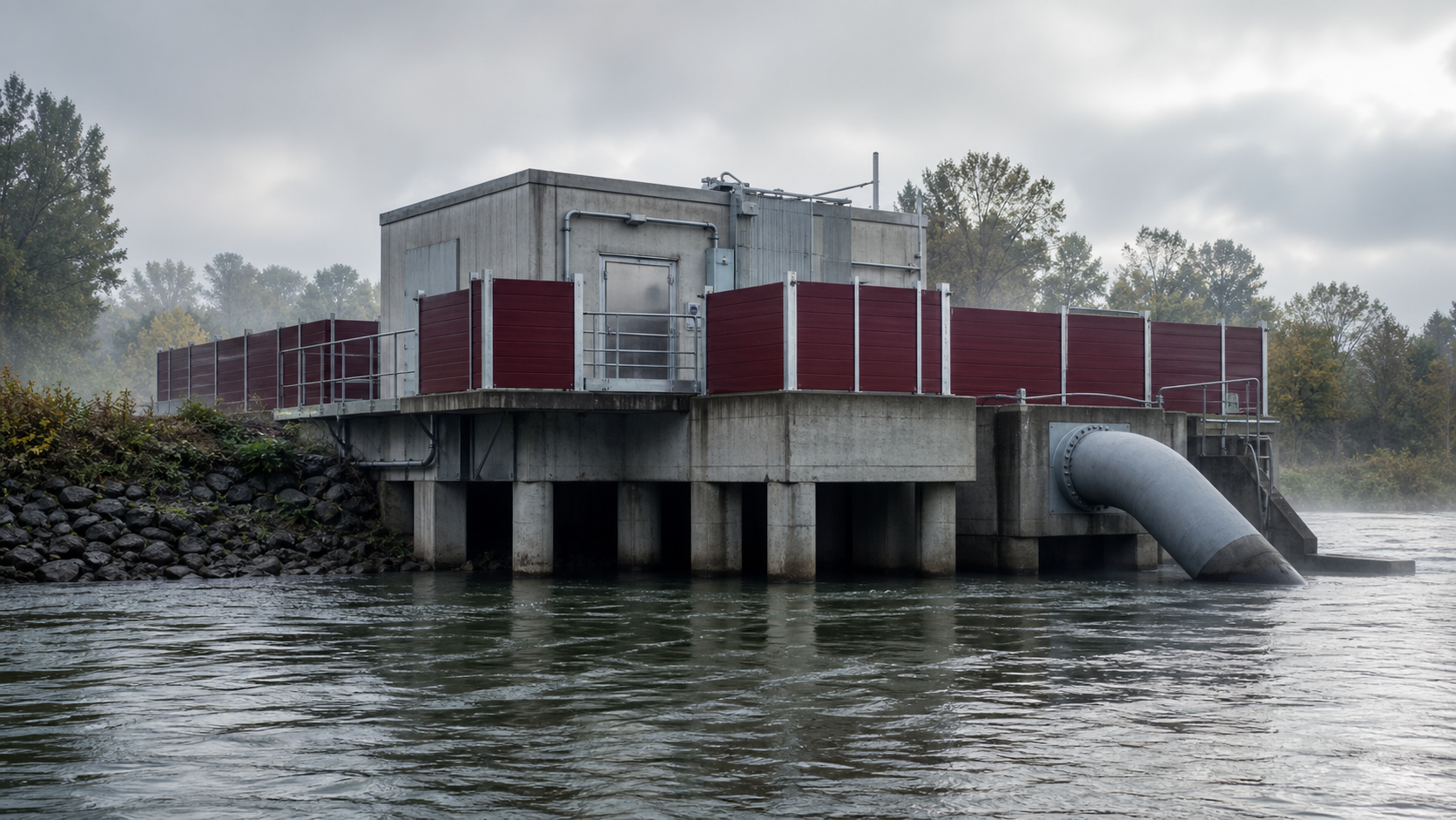Raised water pump station behind flood barriers