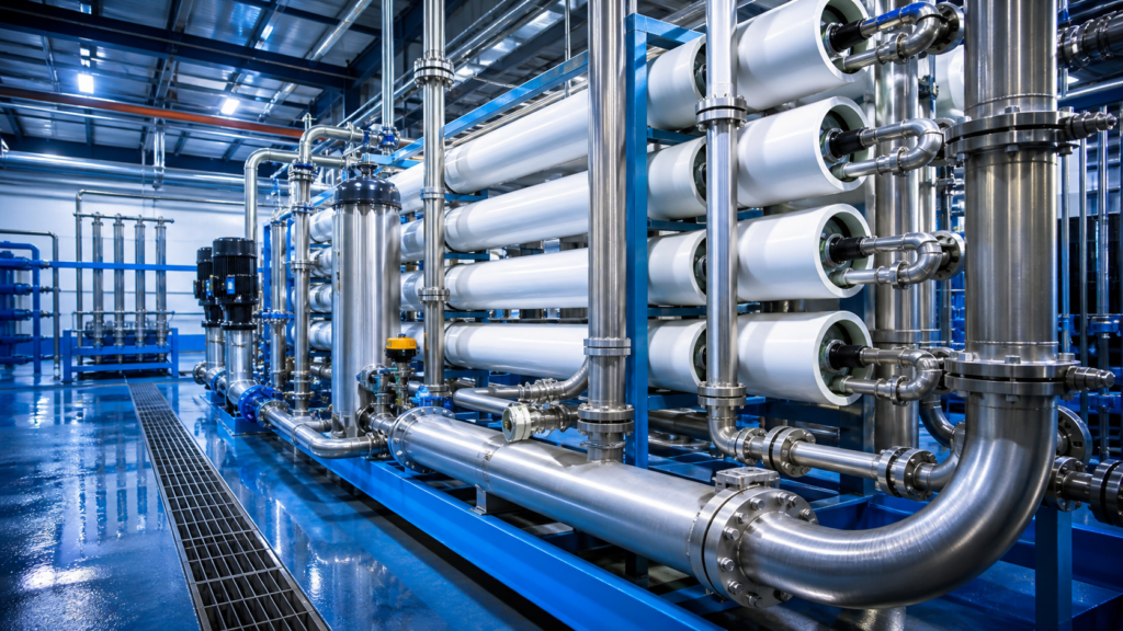 Reverse osmosis pressure vessels and treated water pipework