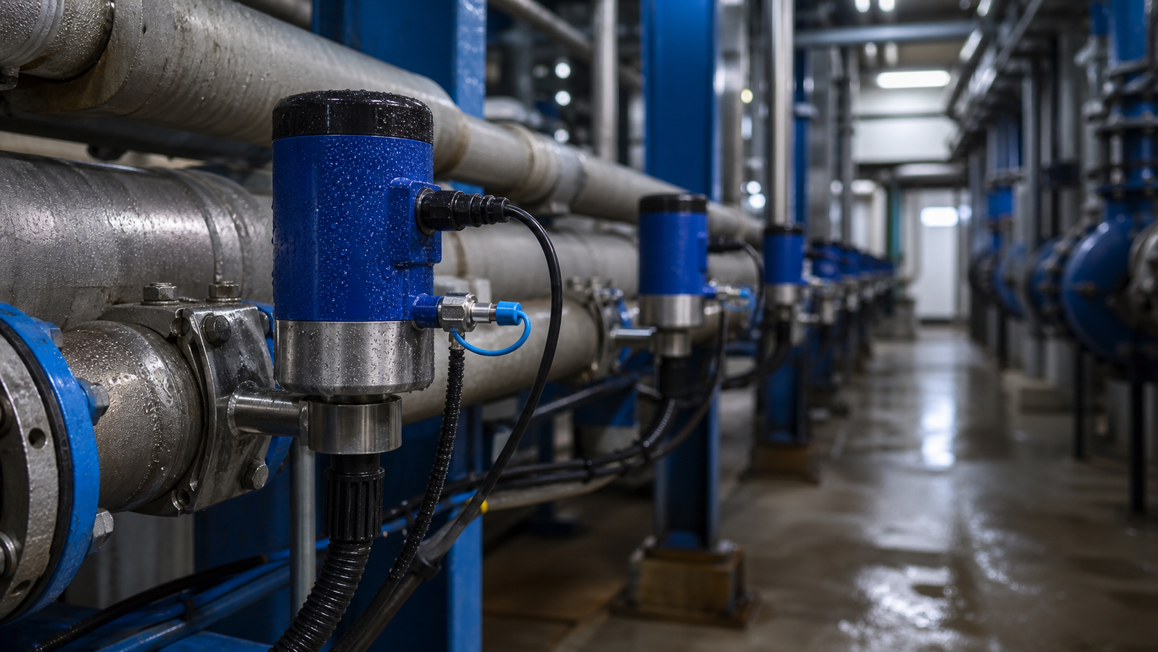 Sensor nodes installed across a water plant service corridor