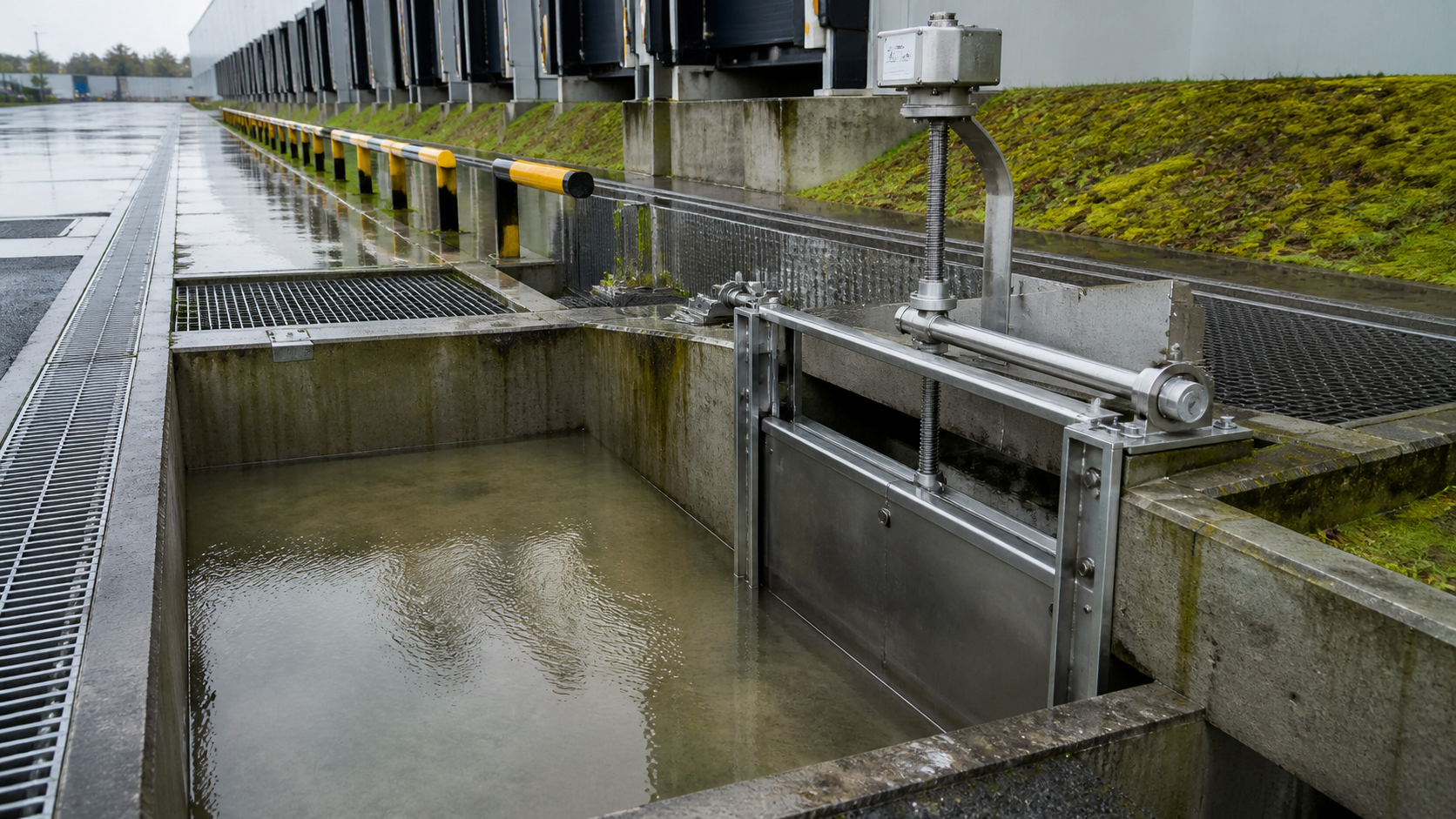 Stormwater control chamber protecting a logistics site
