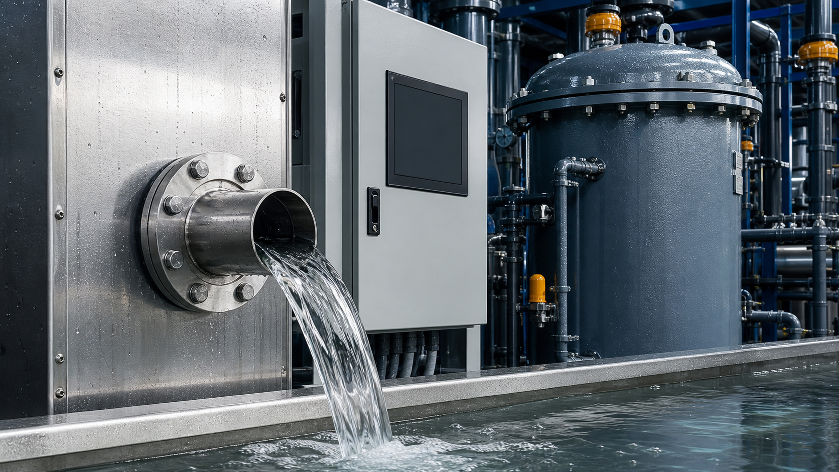 Treated water outlet beside energy equipment and residual storage