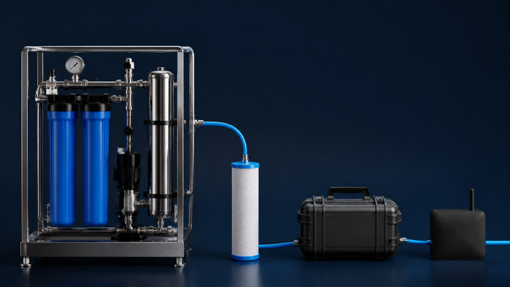Treatment skid connected to cartridge, service case and sensor gateway