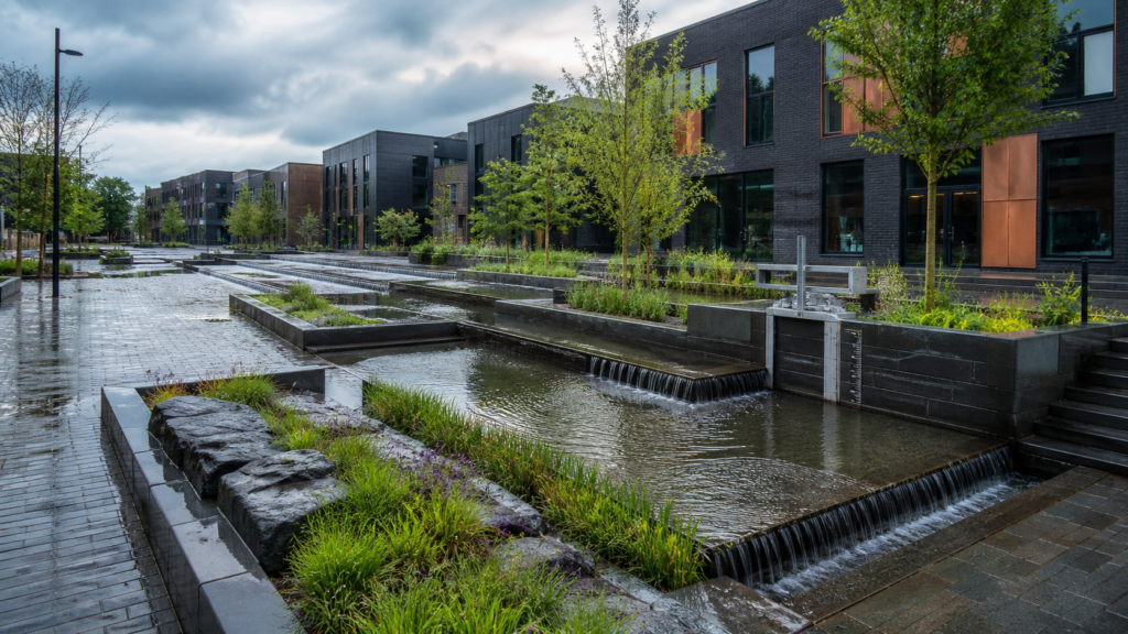 Urban stormwater basin holding rain beside commercial buildings