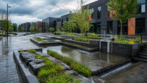 Urban stormwater basin holding rain beside commercial buildings