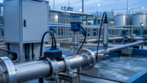 Water flow and quality sensors installed on industrial pipework