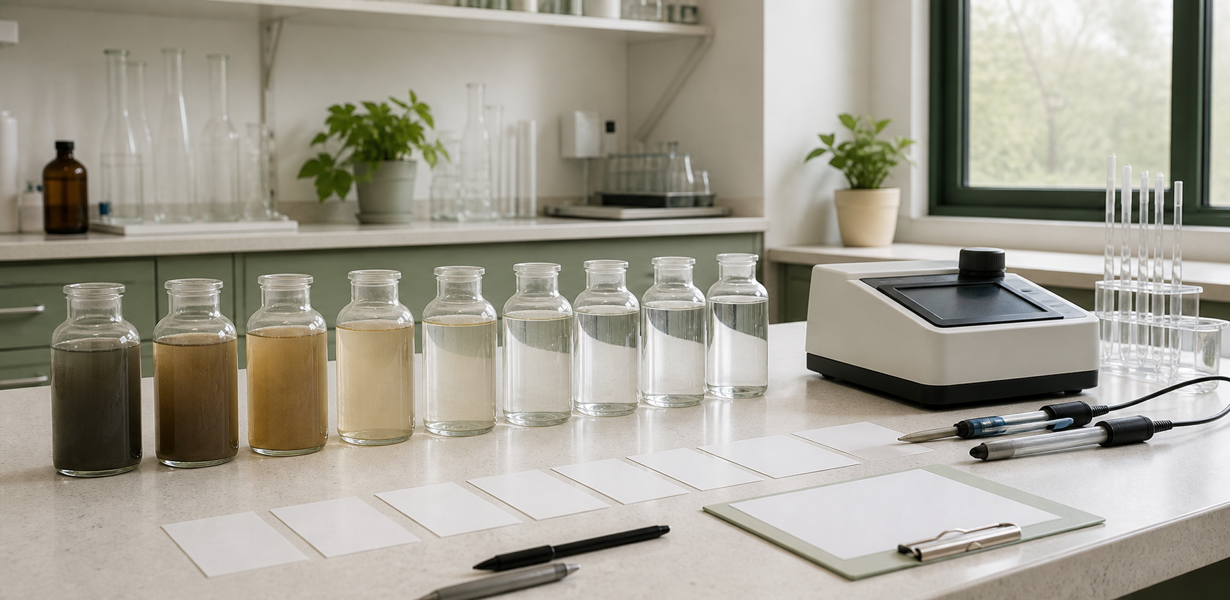 Water samples arranged from cloudy to clear on a laboratory bench
