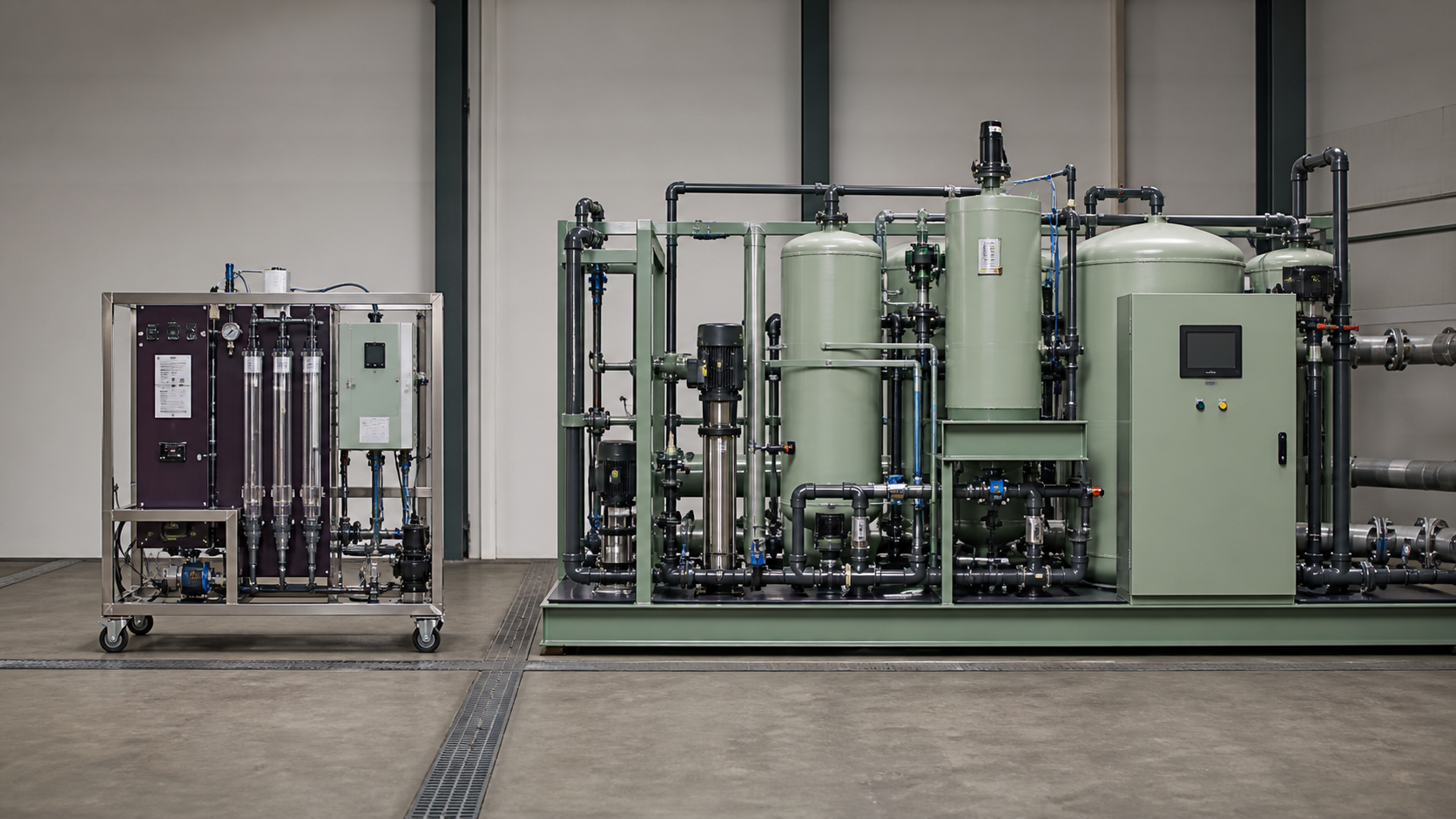 Water treatment pilot skid beside a full-scale packaged system