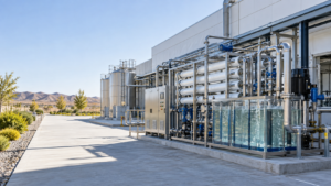 Modular water-reuse equipment beside an industrial facility
