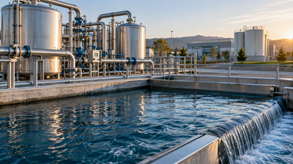 Industrial water reuse facility with treatment vessels beside a manufacturing site