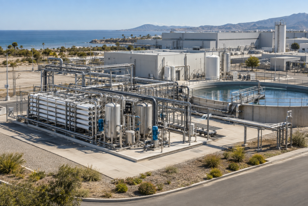 Industrial water-reuse treatment plant integrated into a coastal manufacturing campus