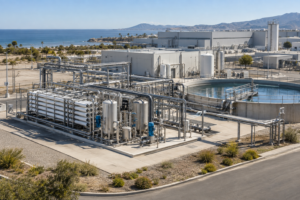 Industrial water-reuse treatment plant integrated into a coastal manufacturing campus