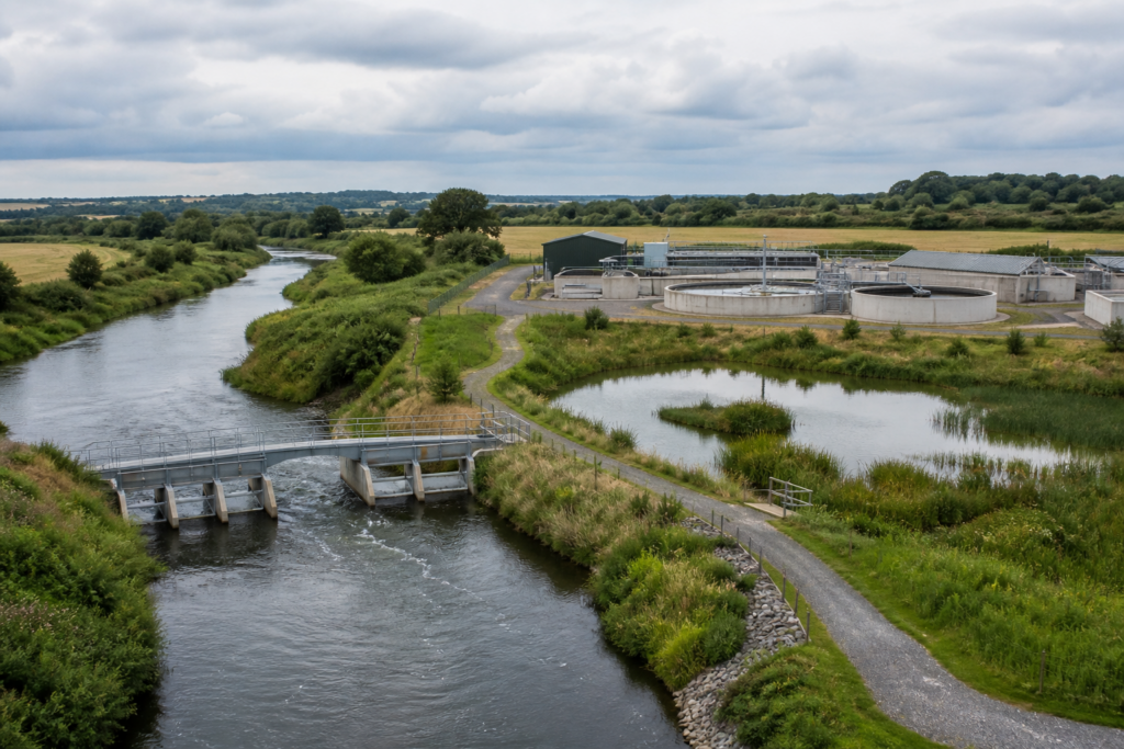 River catchment with restored wetland and water treatment infrastructure