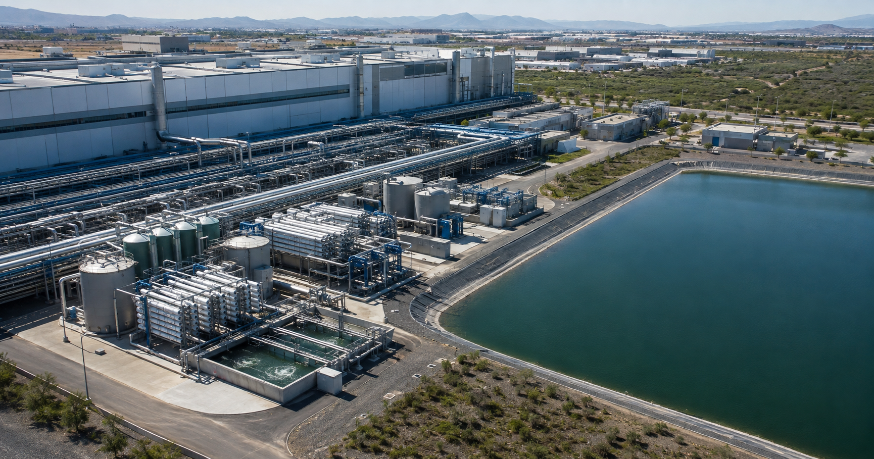 Industrial water-reuse facility beside a manufacturing site