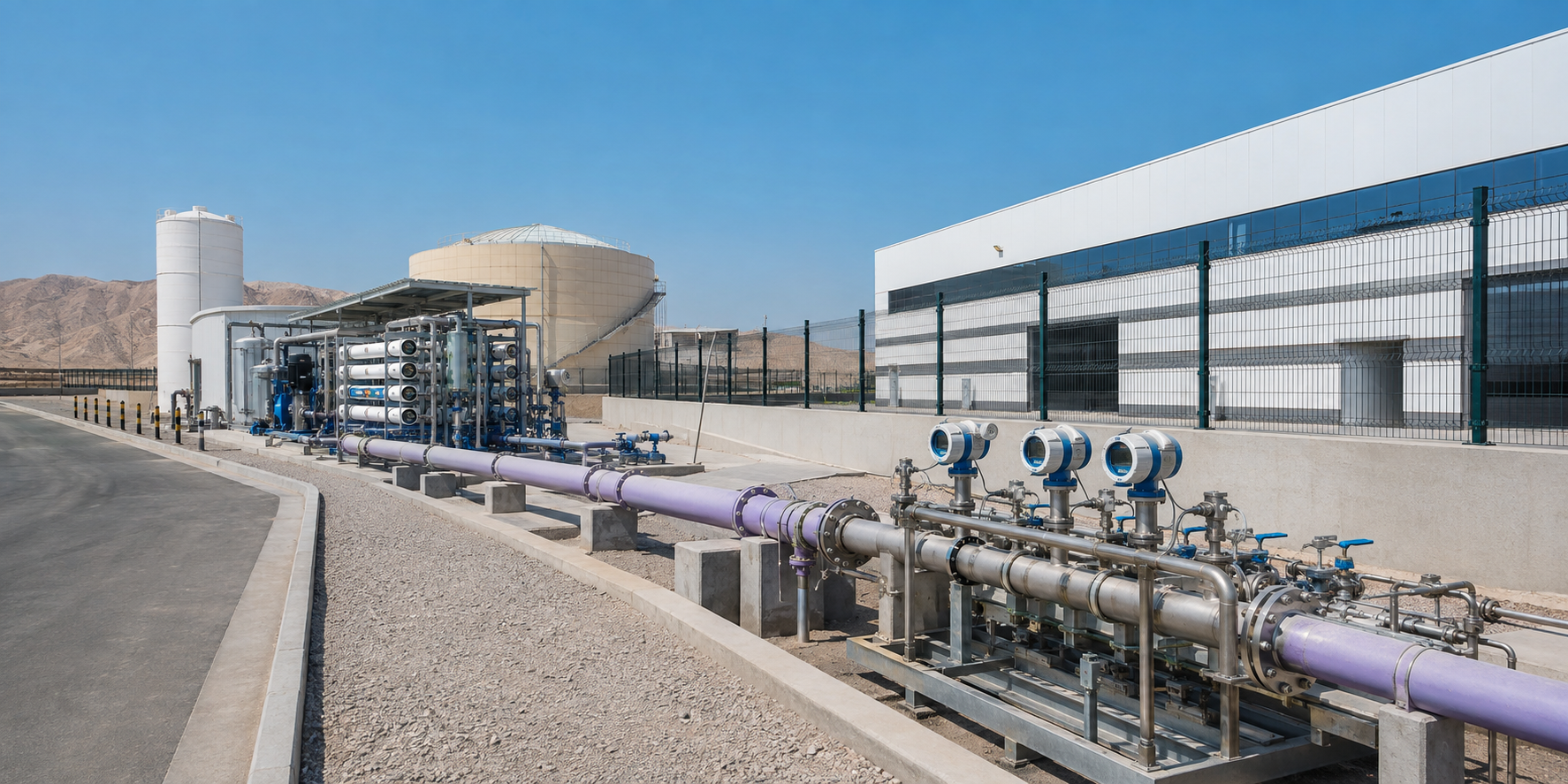 Reclaimed-water pipeline and metering manifold connecting a water-reuse plant to an industrial customer