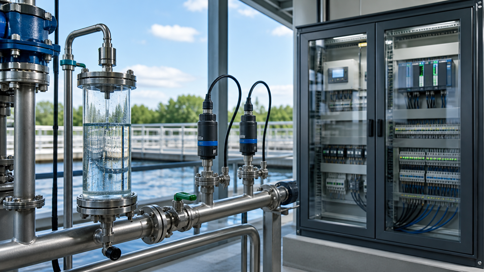 Water-quality sensors, a treated-water sample vessel and a control cabinet in a treatment facility