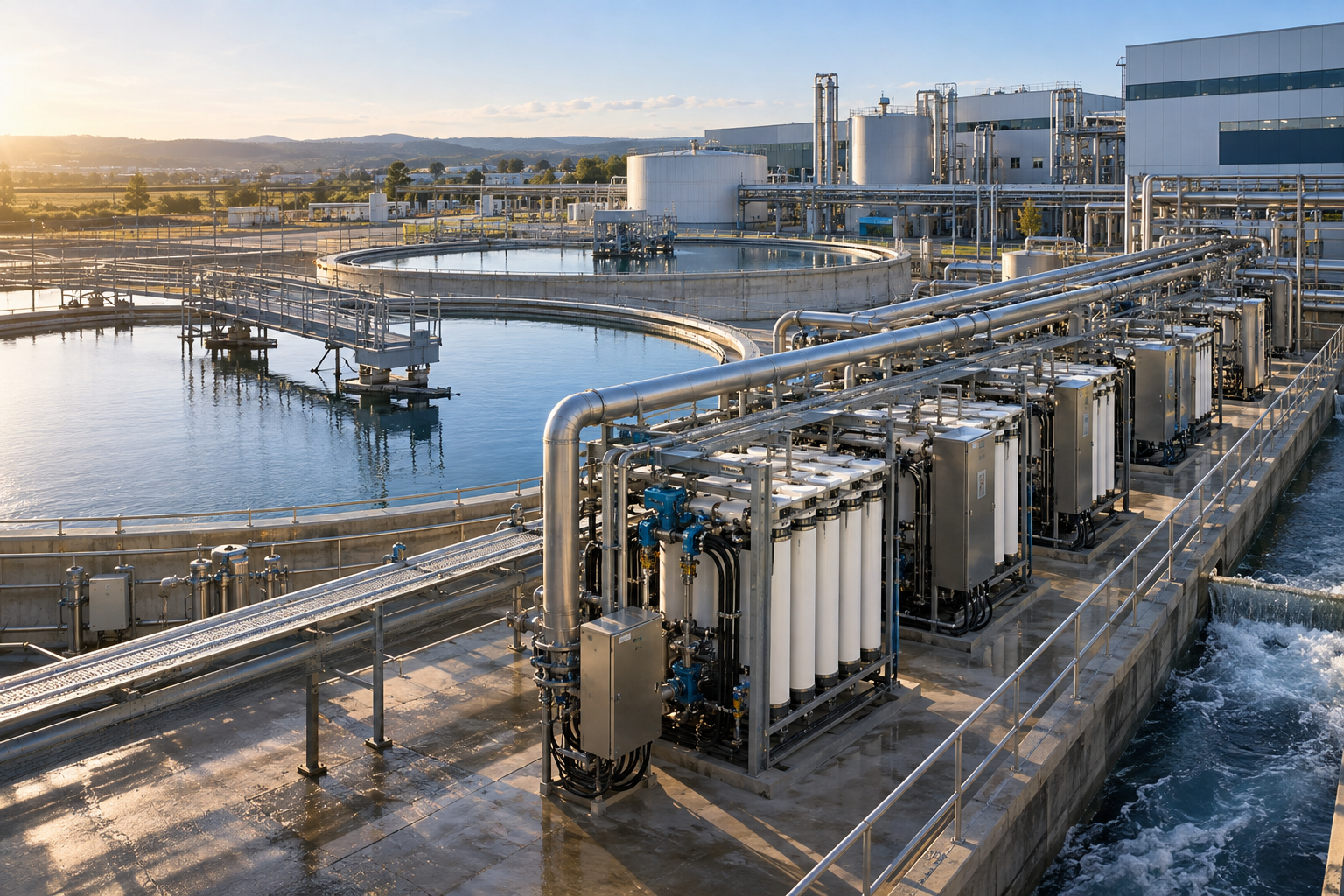 Industrial water-reuse plant with membrane treatment skids and clarifier basins